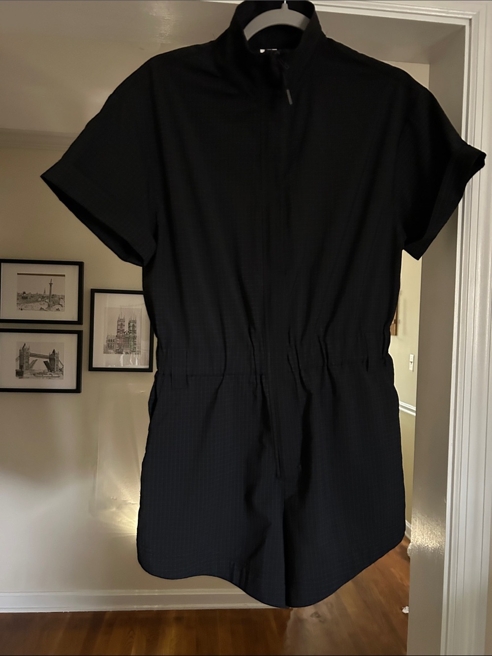 Fabletics Black Short-Sleeve One-Piece Romper with Front Zip